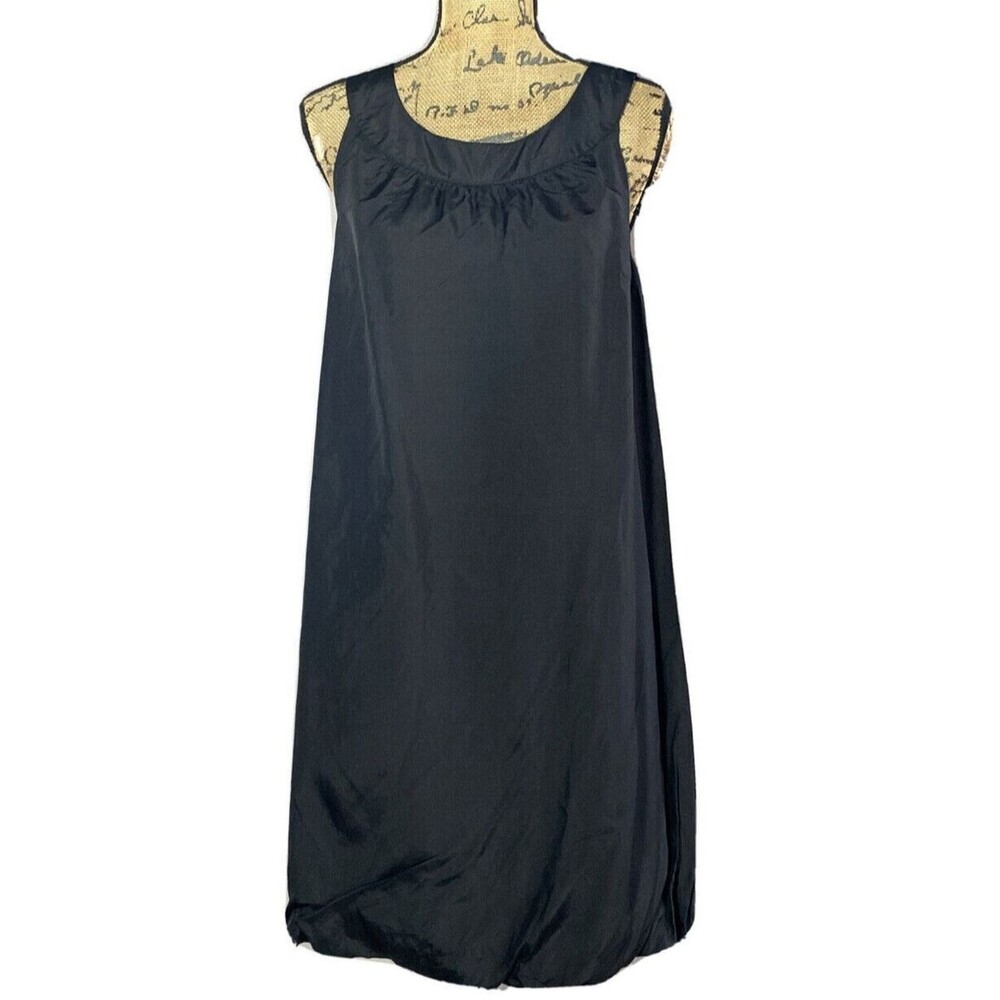 Garnet Hill Silk Dress 6 Black Shift Lined Bubble Hem Midi Party Med‎ NICE